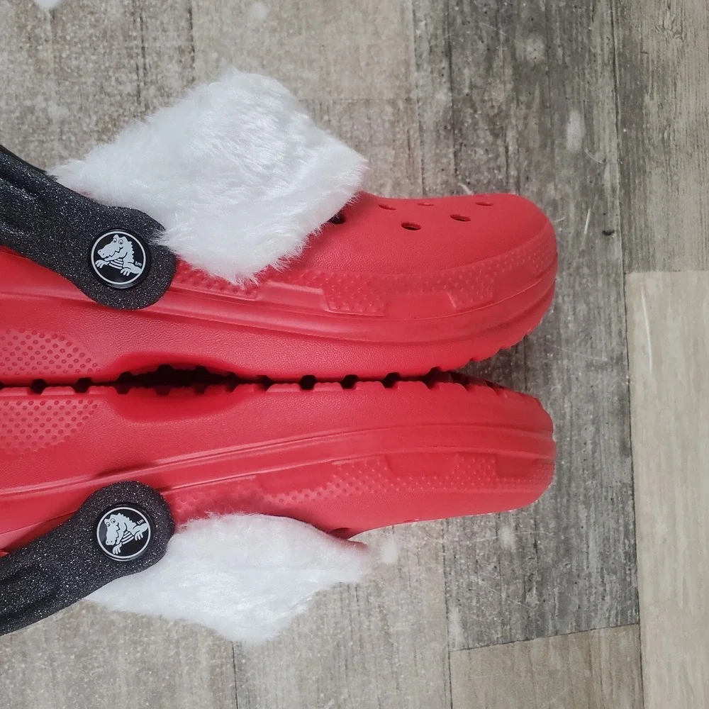 Crocs Classic Lined Santa Kids Clogs Sz 1 J1 Red Rubber Slip-On Slingback Shoes‎